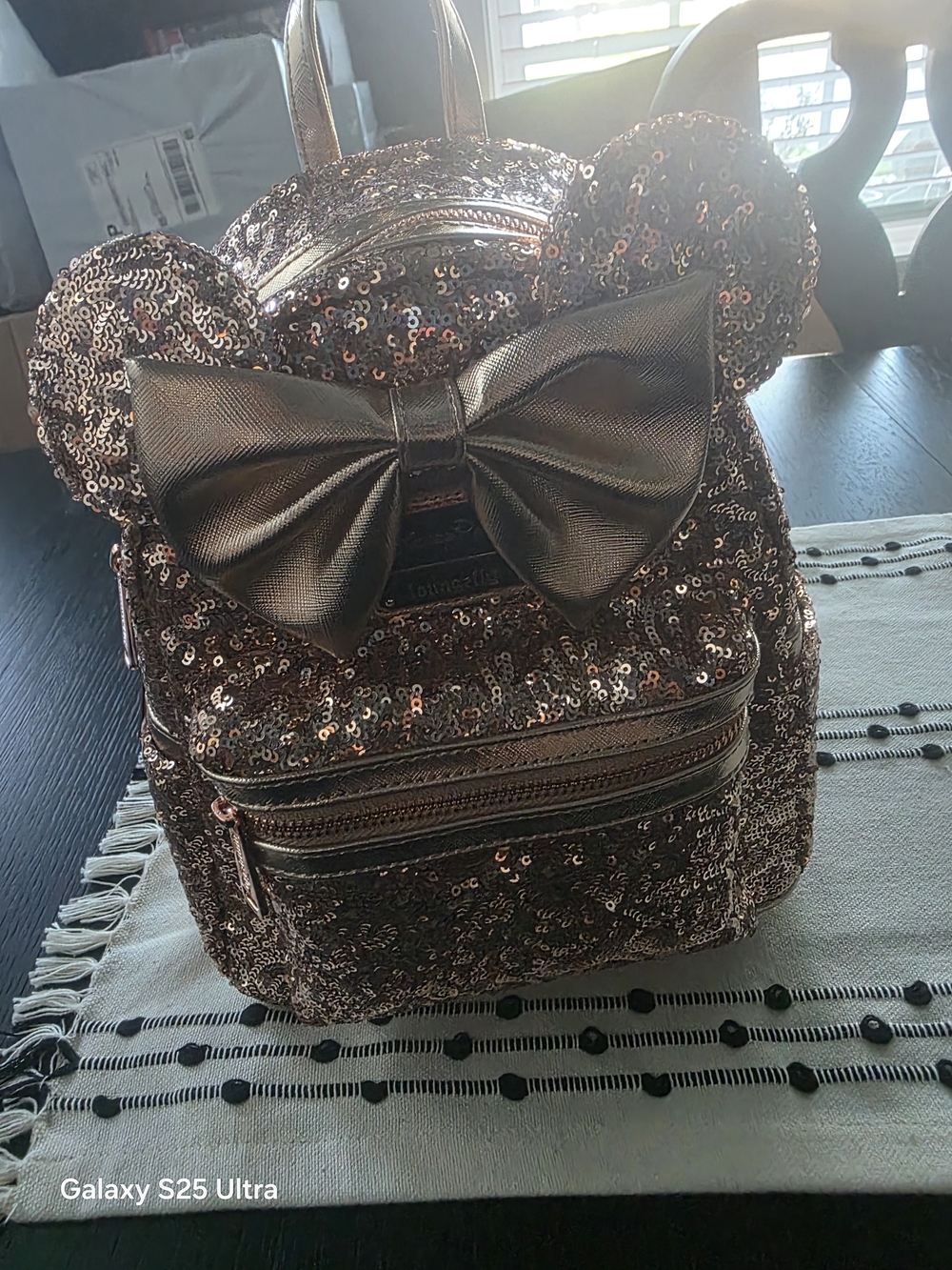 Loungefly Rose Gold Sequin Minnie Mouse Backpack with Metallic Bow and Ears